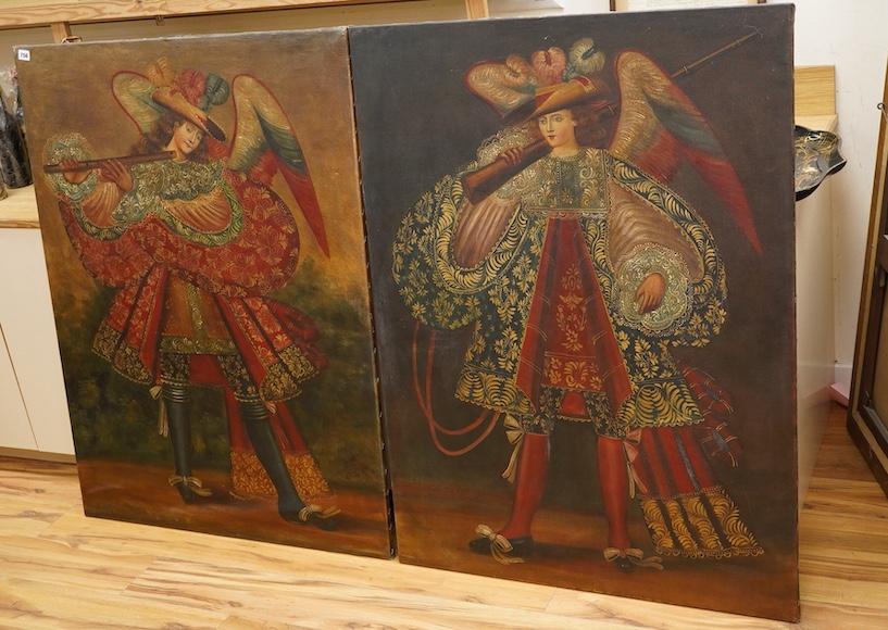 Cusco School, Flute player and Horn player, with angels, pair of oils on canvas, unframed, 120 x 90cm, Provenance: The late Kenneth Turner (1936-2025), celebrity florist, designer and perfume retailer, he received the Ro